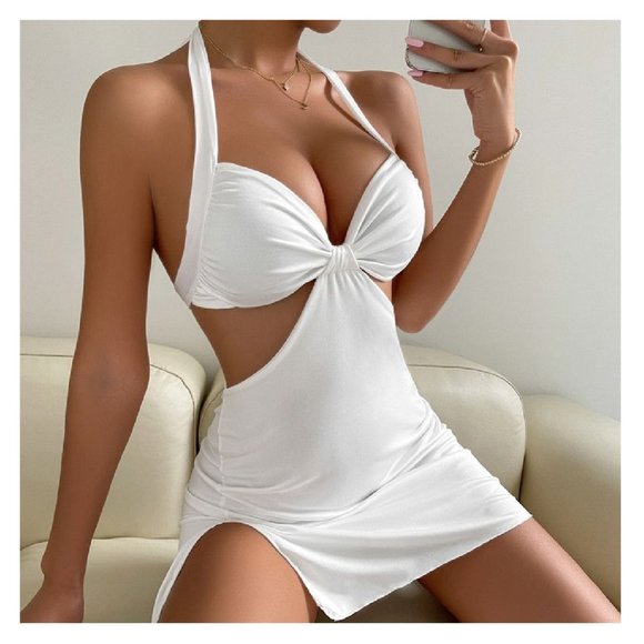 Backless Halter Neck Cut Out Dress Hollow Out Micro Mini White Cocktail Dress - Picture 4 of 5